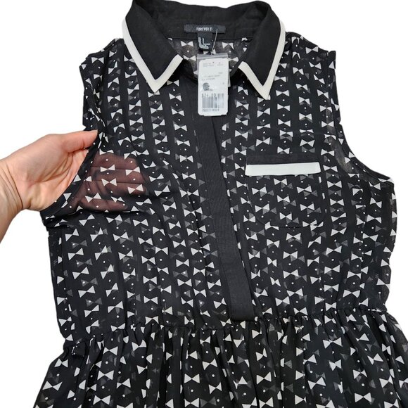 NEW Forever 21 Black and White Sheer Dress Bowtie Pattern L - Picture 5 of 8